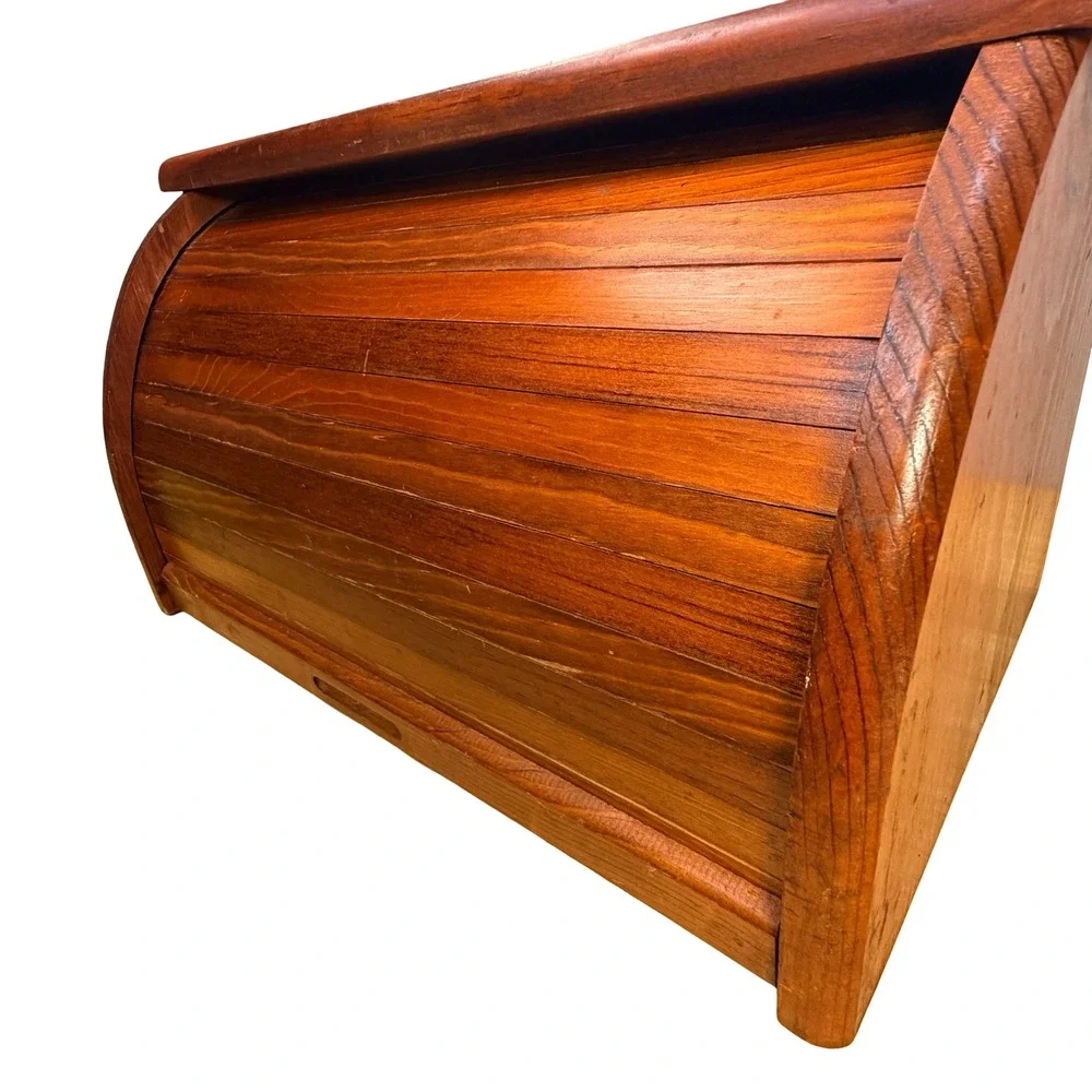 Vintage Wooden Roll Top Bread Box Kitchen Counter Storage Farmhouse Brown MCM